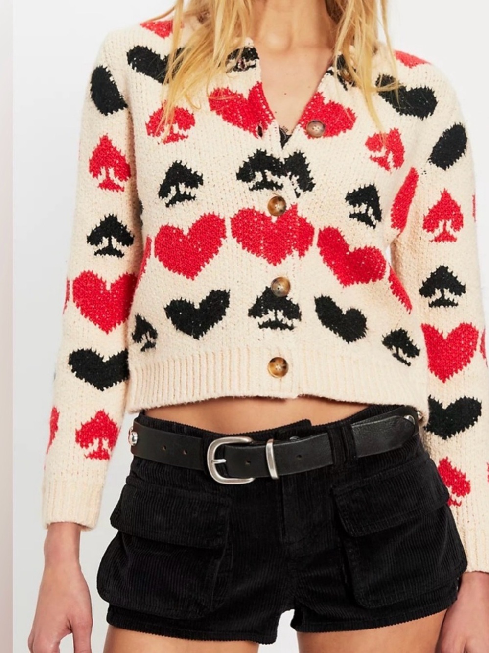 Queenie Free People Cream Cardigan with Red & Black Heart Pattern